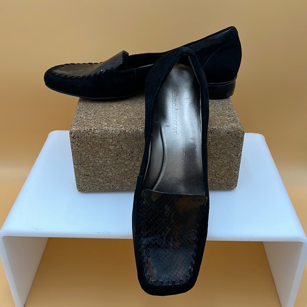 Enzo Angiolini Black Suede Loafers with Snakeskin Toe